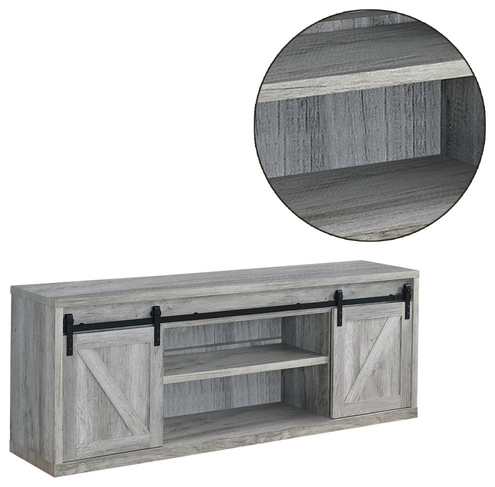 71" TV Console with Sliding Doors, Gray and Black
