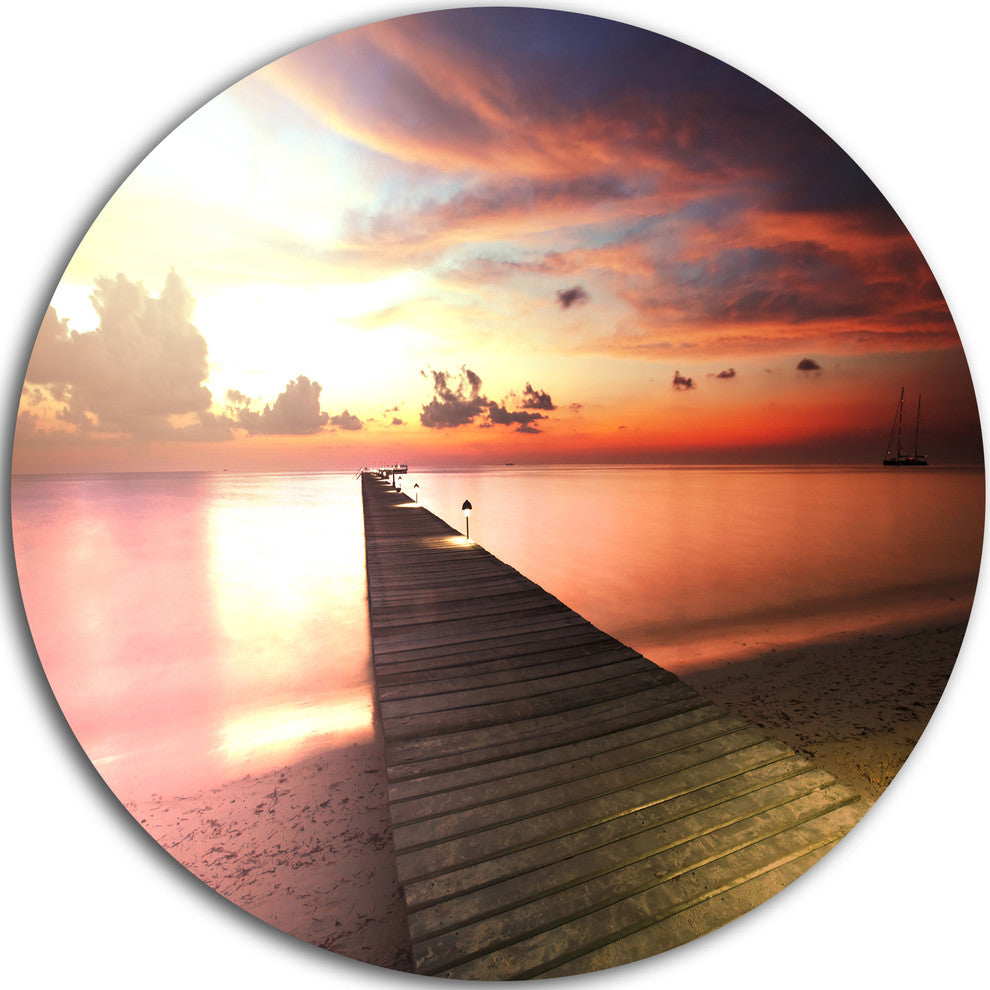 Wooden Boardwalk Into Colorful Sea, Sea Bridge Disc Metal Wall Art, 11"