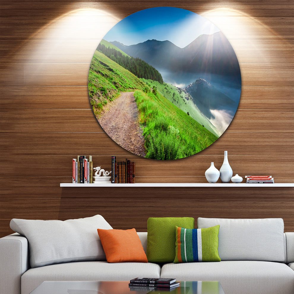 Umbria Mountains Sunny Sunrise, Landscape Round Metal Wall Art, 38"