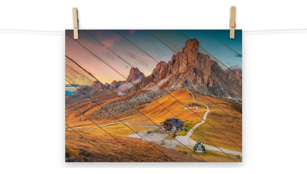 Faux Wood Majestic Sunset & Alpine Mountain Landscape Photo Wall Art Print, 12" X 16"