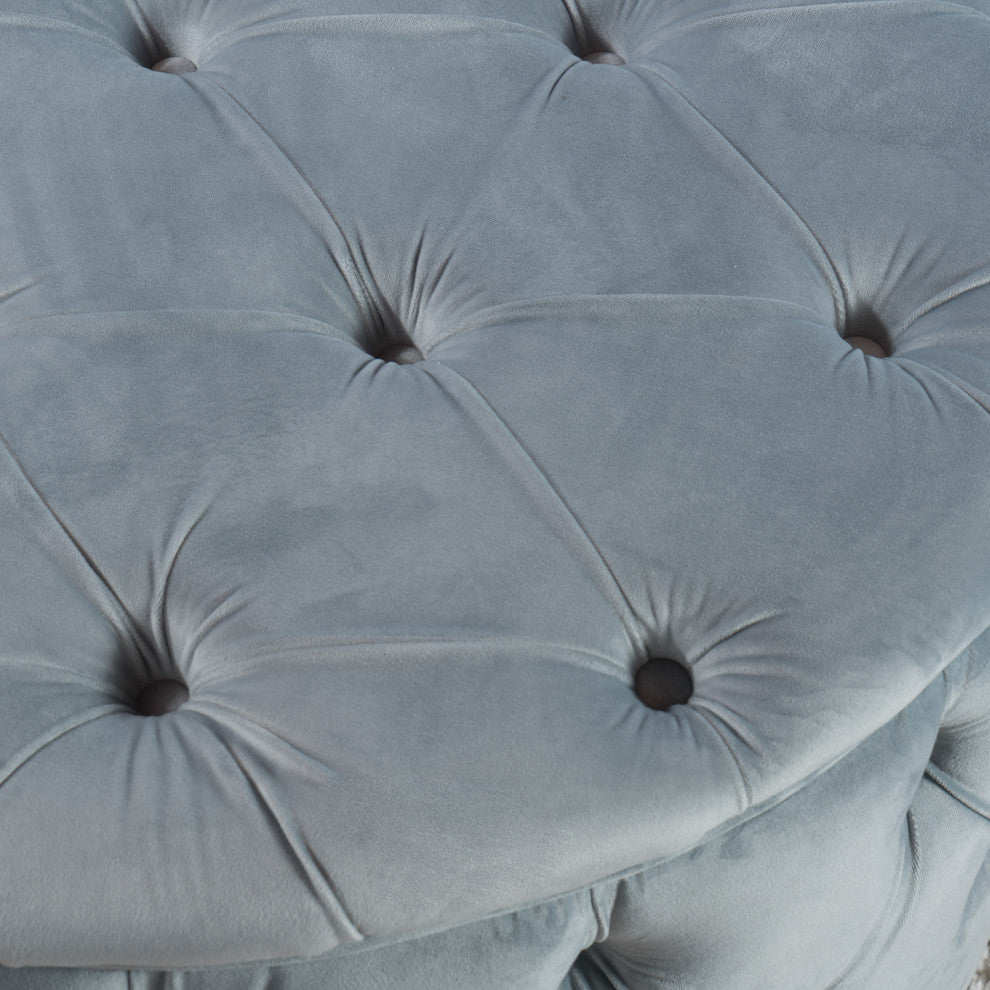 GDF Studio Maelyn Modern Glam Tufted Velvet Round Ottoman, Sky Gray