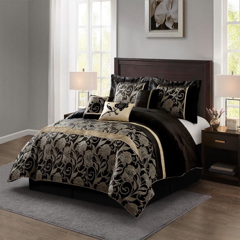 Mollybee 7-Piece Bedding Comforter Set, Black, Full