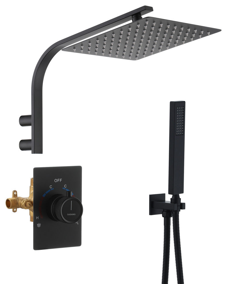 10inch Wall Mounted Rain Shower System With Handheld & Unique Shower Arm, Matte Black