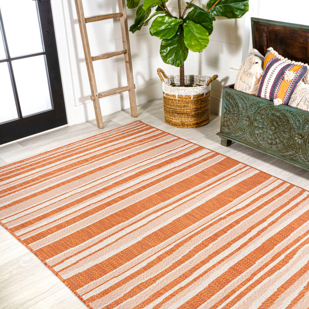 Castara Wavy Stripe Modern Indoor/Outdoor Area Rug, Orange/Cream, 8x10