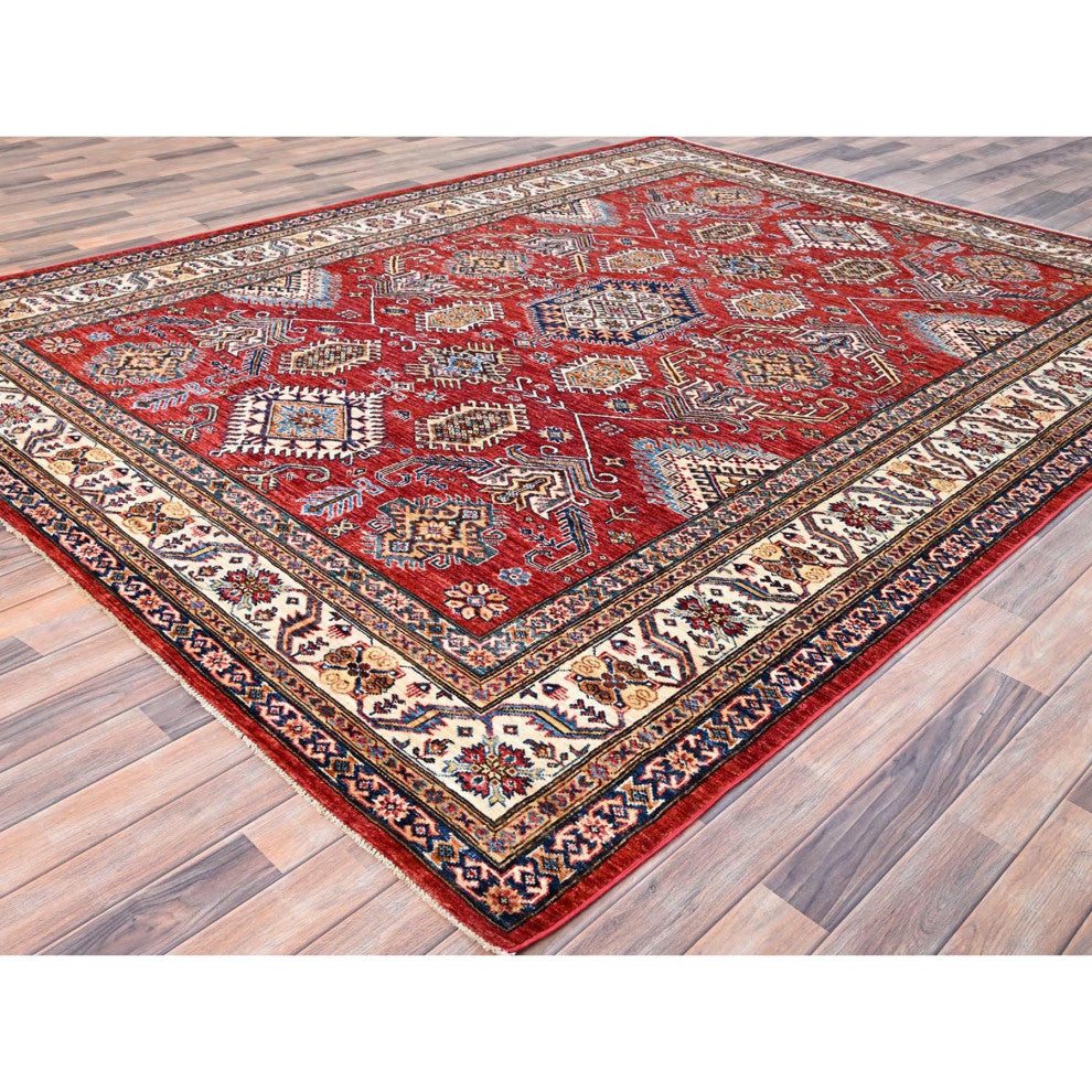 Red, 100% Wool, Afghan Super Kazak, Hand Knotted, Oriental Rug, 8'1"x10'6"