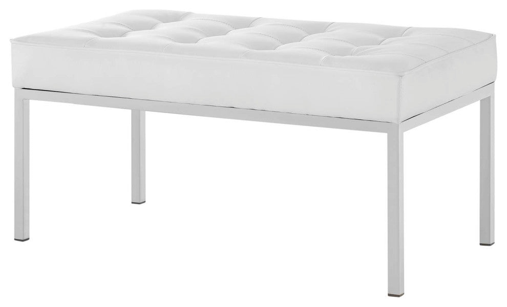 Modern Lounge Accent Chair Bench, Faux Vinyl Leather Metal Steel, White