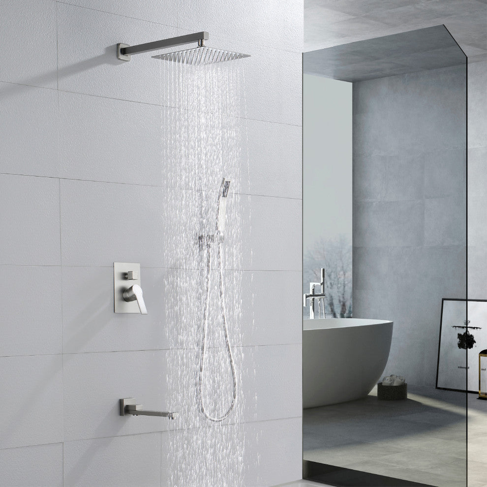 Wellfor Shower Faucet Set, Rain Shower Head, Handheld Shower and Tub Spout, Brushed Nickel, 12 Inch