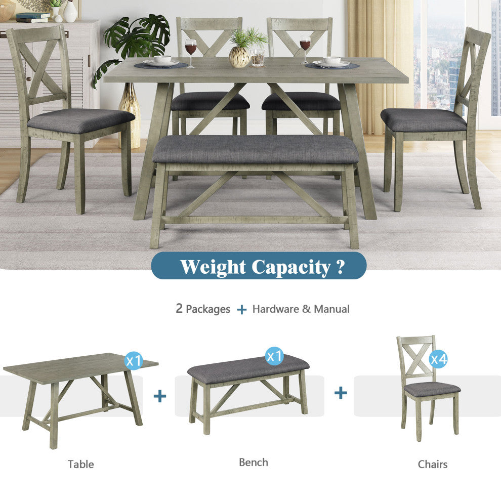 6-Piece Wood Dining Set with Bench and 4 Upholstered Chairs