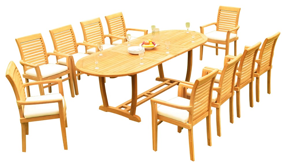 11-Piece Outdoor Teak Dining Set: 94" Oval Table, 10 Mas Stacking Arm Chairs