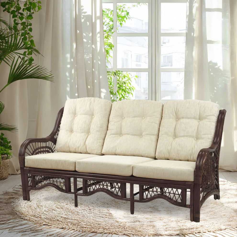 Malibu Handmade 3-Seater Sofa Natural Rattan Wicker, Dark Brown, Cream Cushion