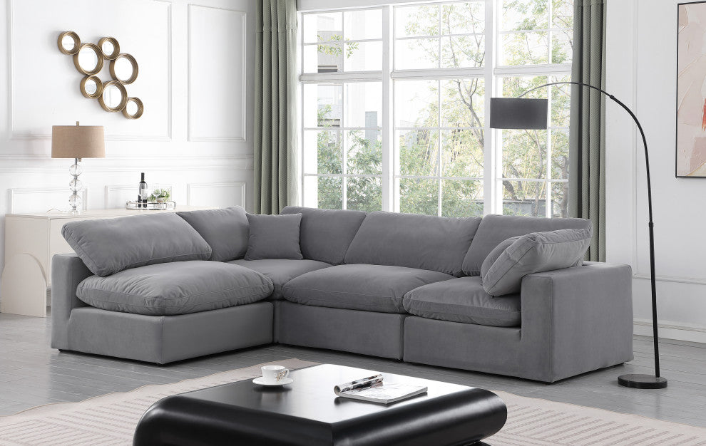 Comfy Upholstered L-Shaped Modular Sectional, Grey, 4-Piece: 2 Armless Chair, 2 Corner Chair, Velvet