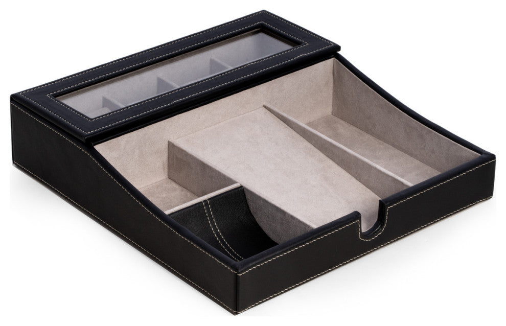 Black Leather Valet Tray, Multi-Comparment Storage