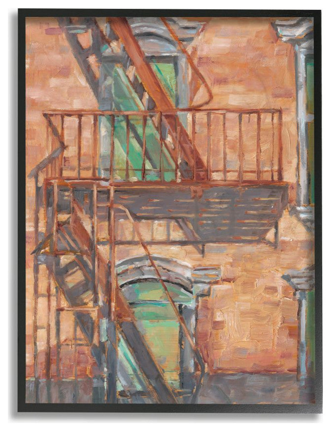 Cityscape Fire Escape Green Red Painting, 24"x30"