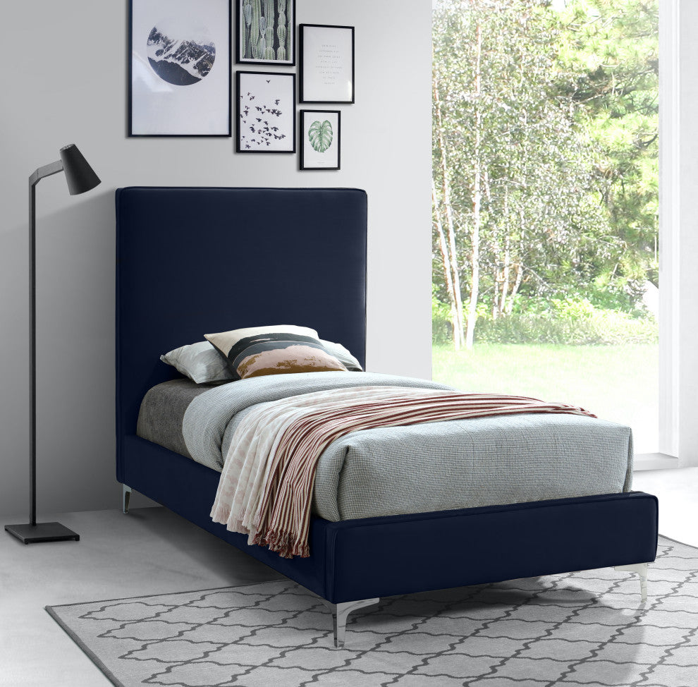 Geri Velvet Upholstered Bed, Navy, Twin