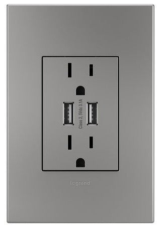 Legrand Adorne Dual USB, Plus Size Combo Outlet and Magnesium Wall Plate Bundle