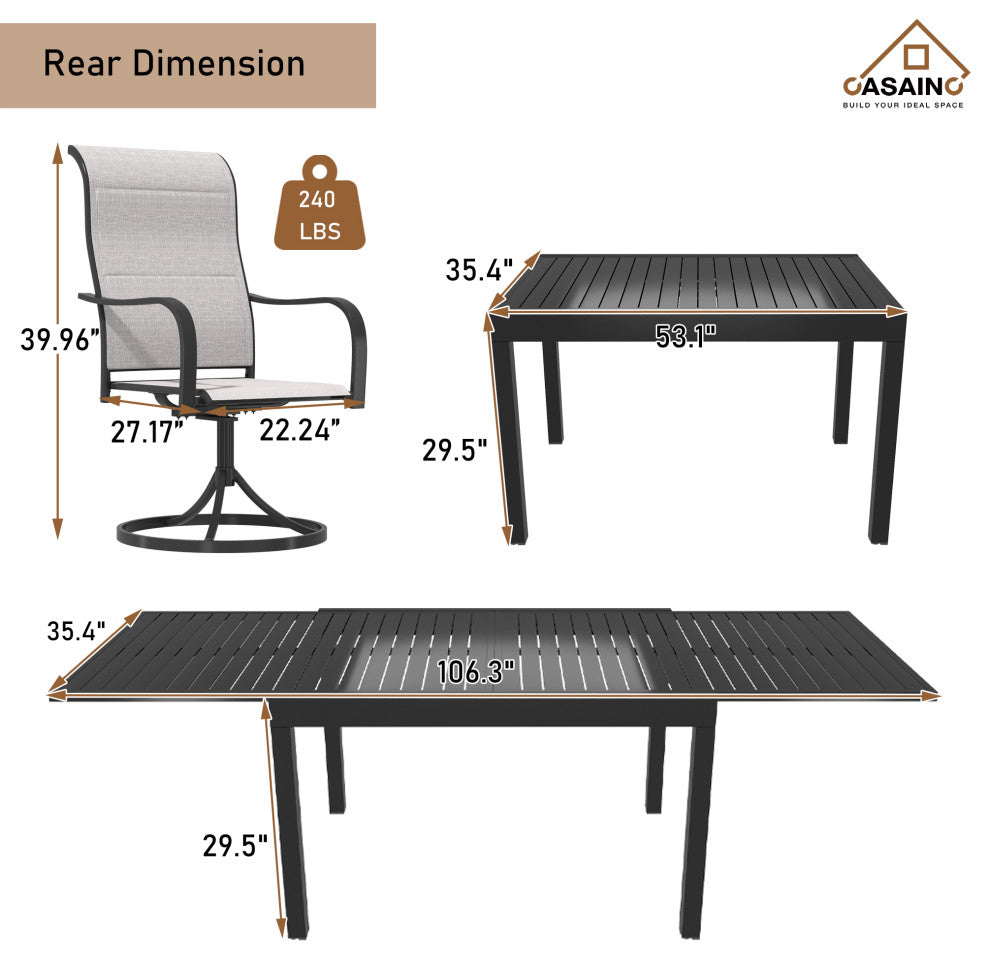 9 Piece Metal Frame Patio Dining Set, Aluminum Extendable Dining Table