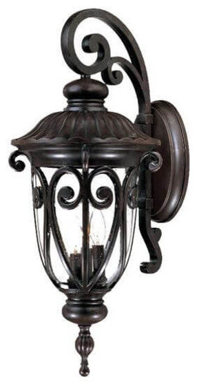 27" Tall Mahogany Outdoor Wall Mount-Light, Hand-Blown Clear Seeded Glass