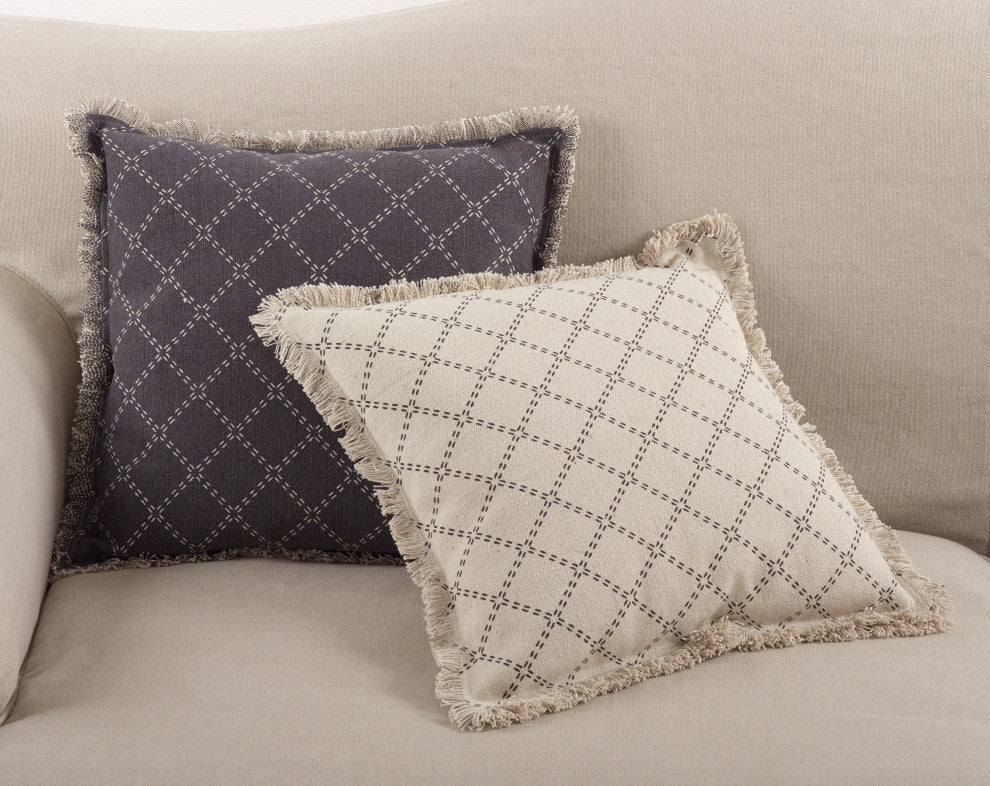Diamond Design Fringe Trim Cotton Down Filled Throw Pillow, 20"x20", Natural