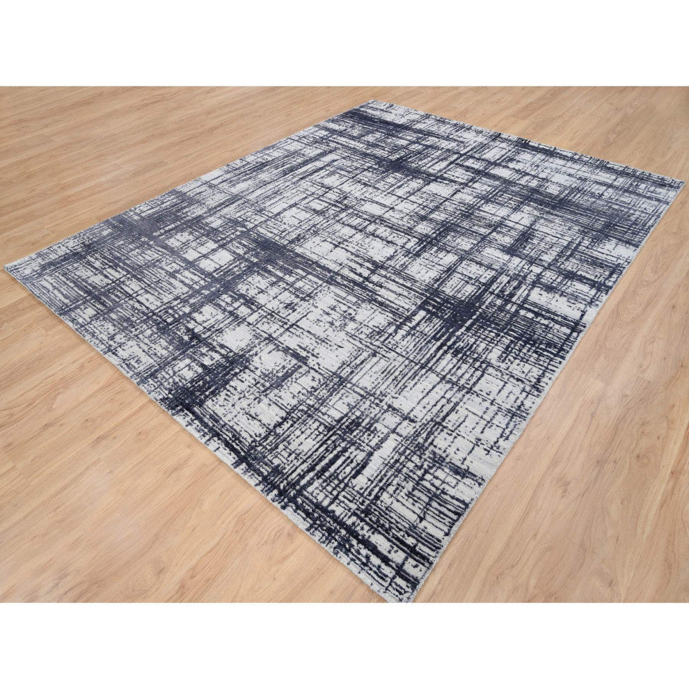 Black Hand Loomed Modern Erased Lines Design Wool and Silk Rug 7'10" x 10'0"