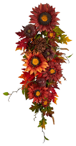 35" Autumn Sunflower, Pumpkin and Berries Artificial Teardrop