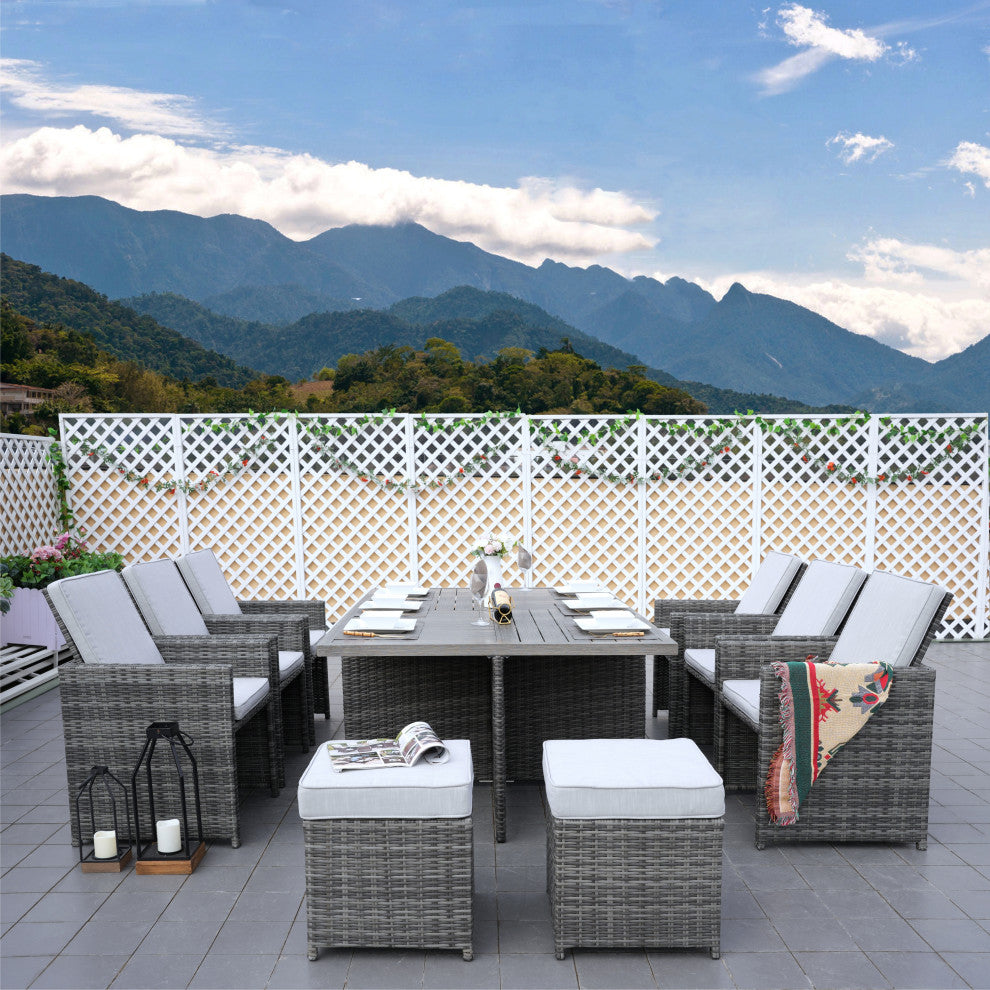 Outdoor Patio Wicker Dining Table Set with Chairs, 11-Piece Set, Gray
