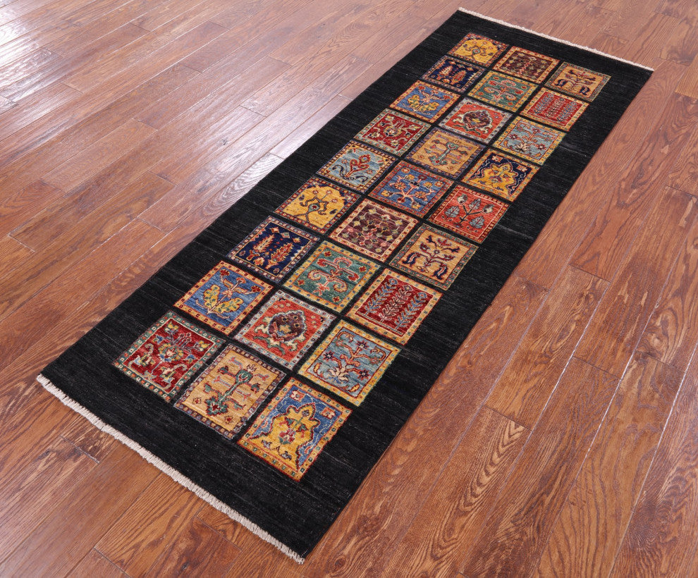 Persian Garden Design Black Handmade Wool Runner Rug 2' 8" X 7' 1" Q10692