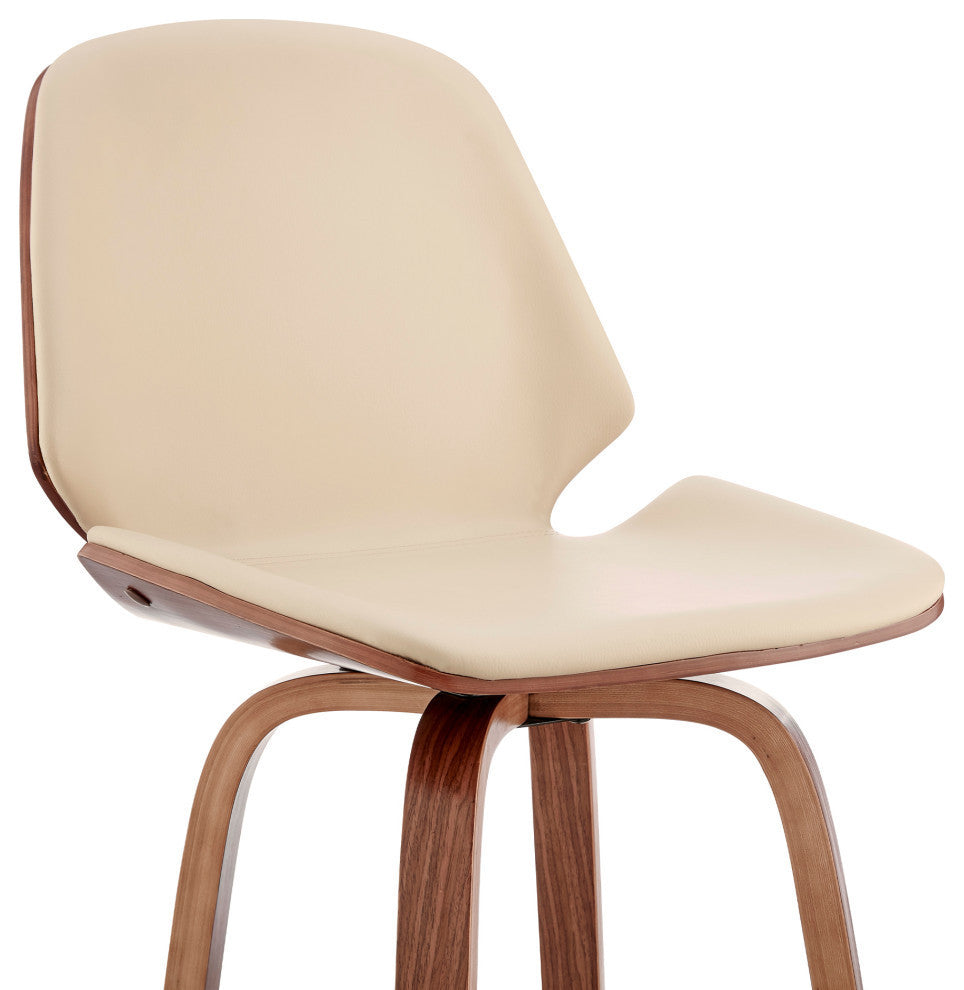 Arabela Faux Leather and Wood Swivel Bar Stool, Cream and Walnut