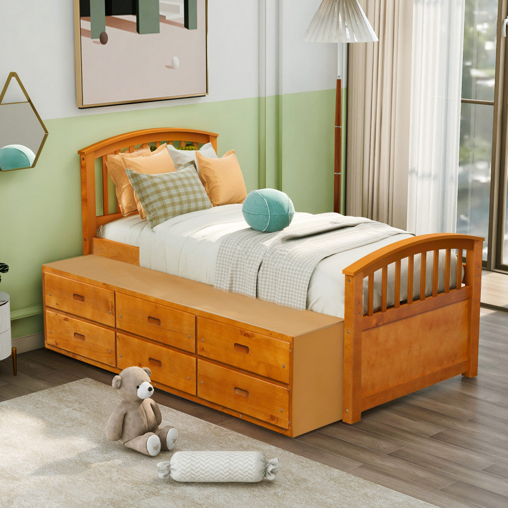 TATEUS Solid Wood Twin Size Platform Bed,Oak