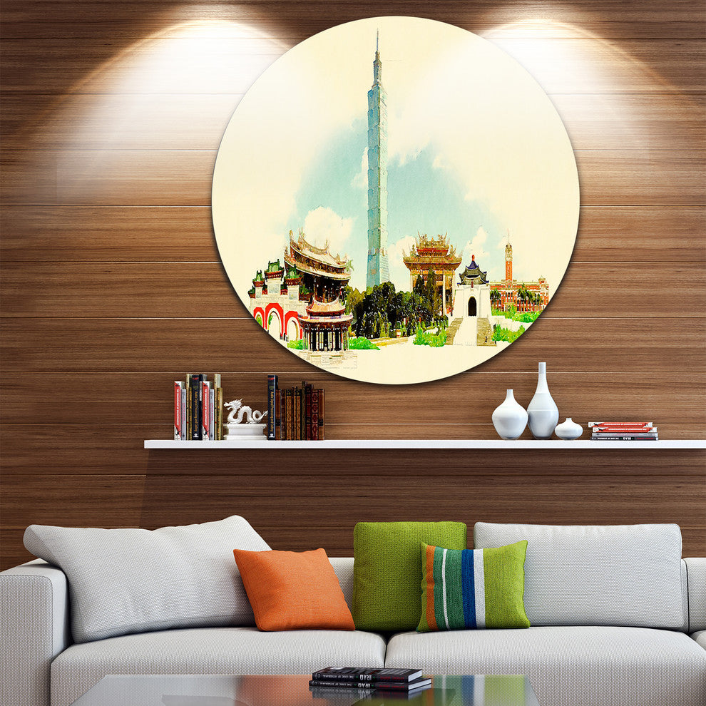 Taipei Panoramic View, Cityscape Watercolor Disc Metal Artwork, 11"