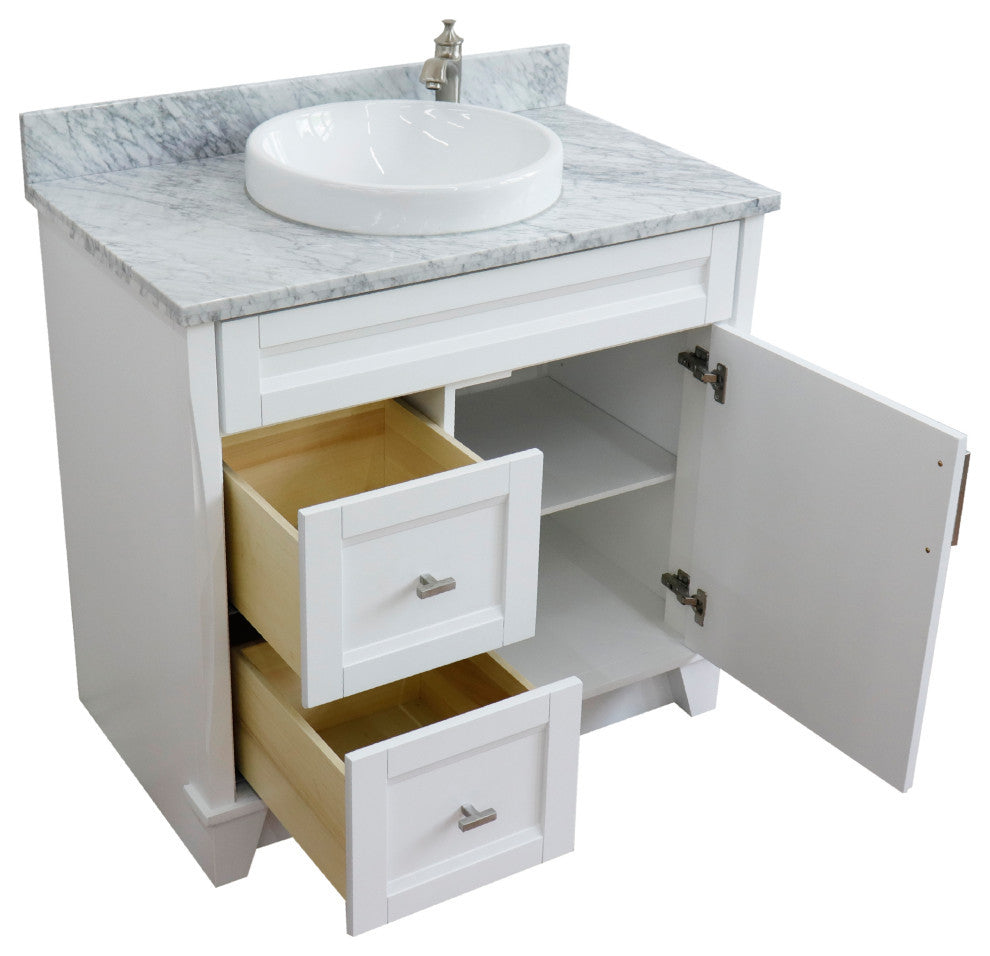 37" Single Sink Vanity, White Finish With White Carrara Marble