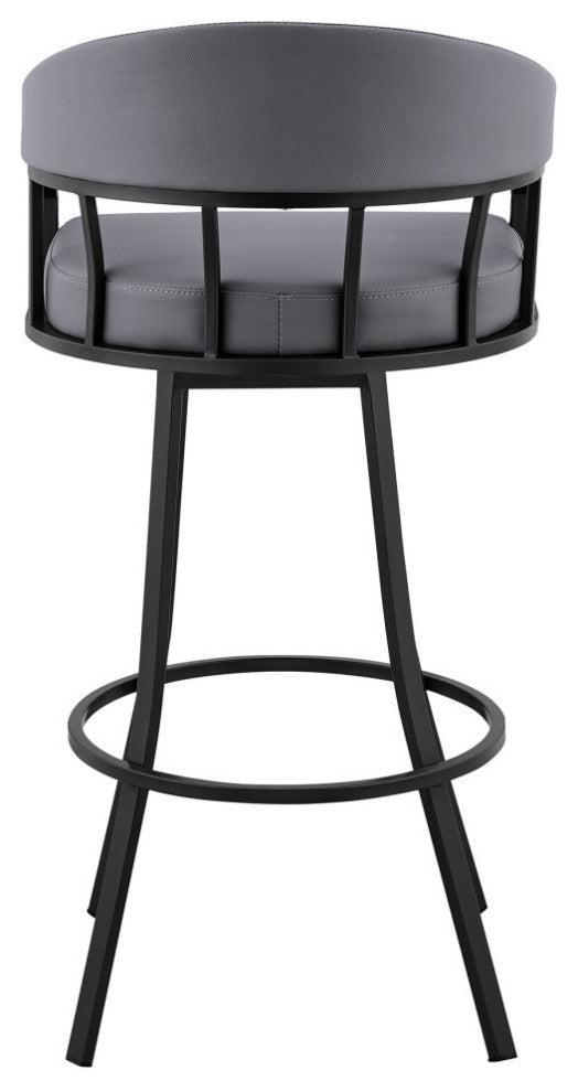 Valerie Swivel Brown Faux Leather and Java Brown Metal Bar Stool, Gray/Black, Bar Height