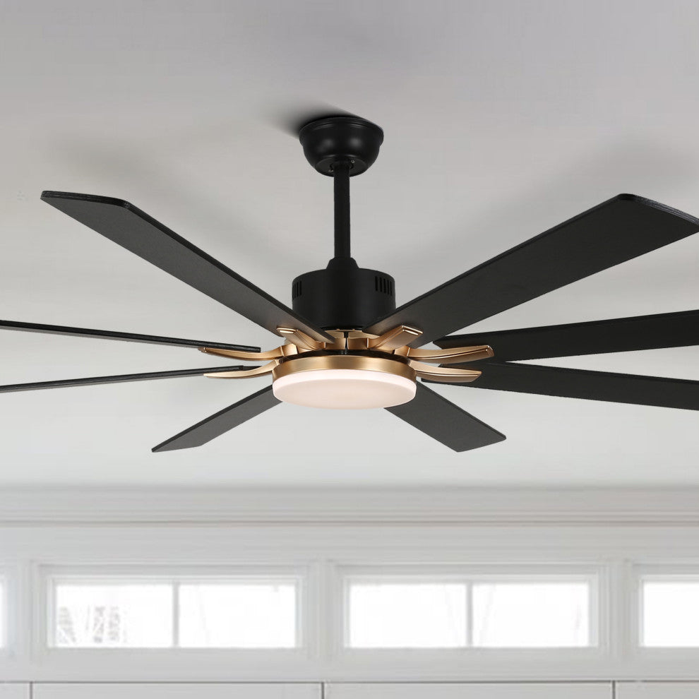 Large 72" Modern 8 Wood Blades Ceiling Fan w Dimmable LED Light Kit , Black