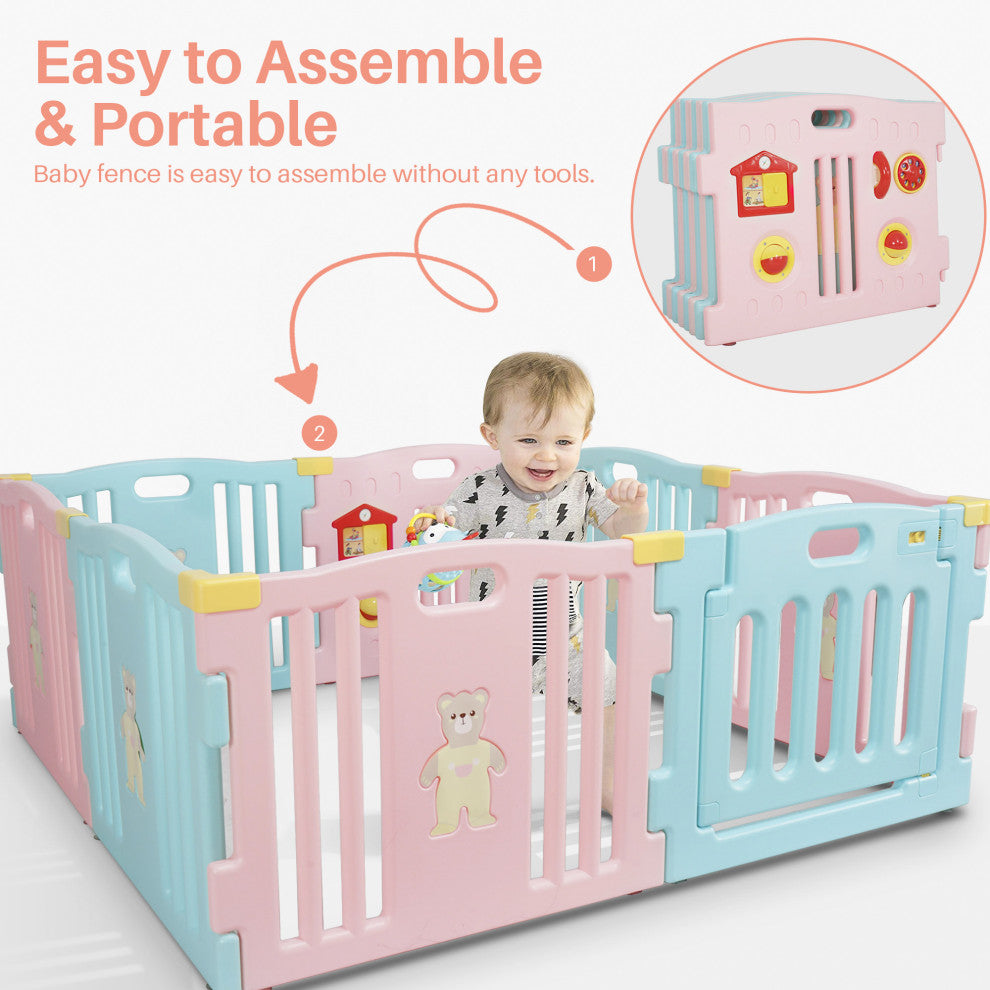 Kidzone Interactive Baby Playpen 8 Panel Safety Gate ASTM Certified, Light Pink