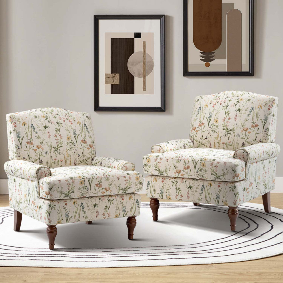 Armchair,Upholstered armchair with floral pattern, mid-century style., Spring