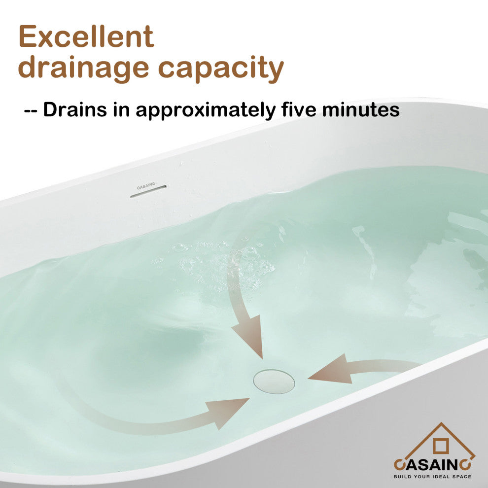 71in White Solid Surface Oval Freestanding Soaking Bathtub with Drain, 59in