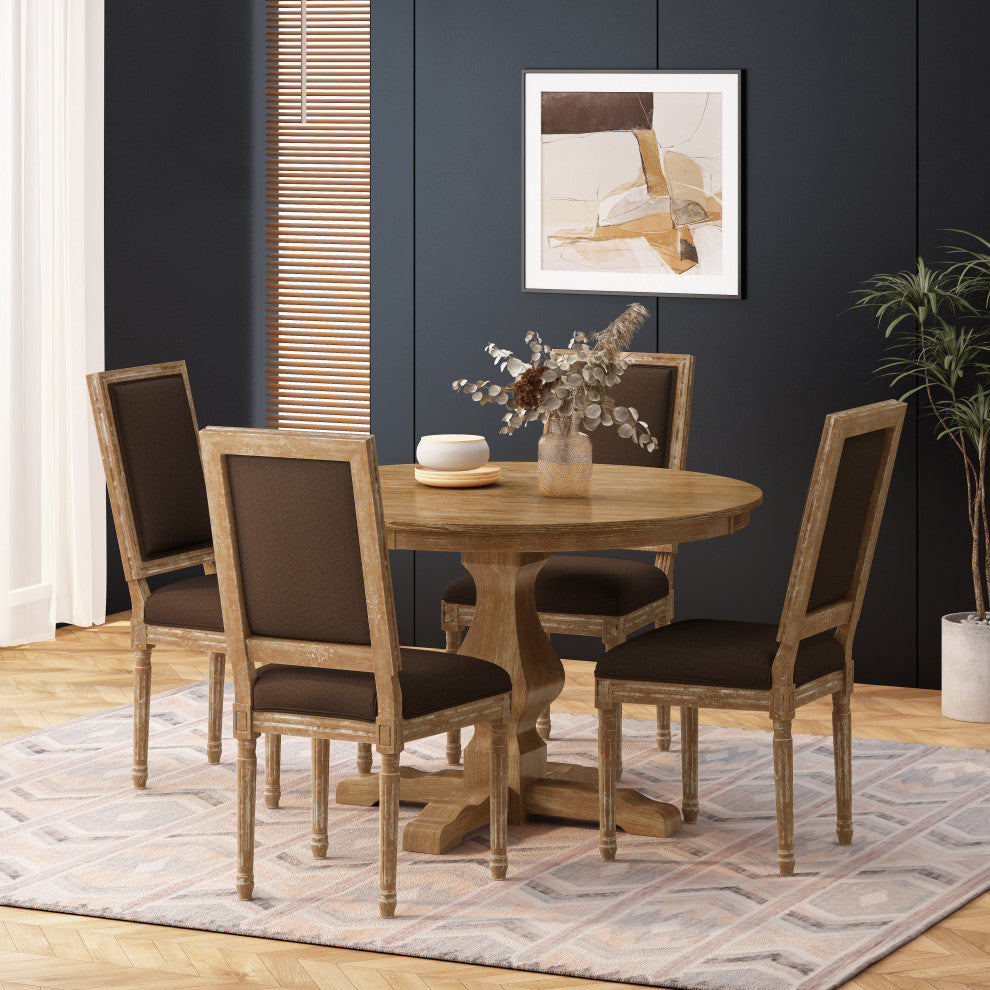 Merlene French Country Fabric Upholstered Wood 5-Piece Circular Dining Set, Natural/Brown