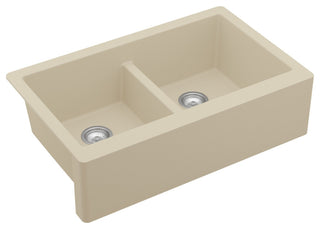 Karran Farmhouse Apron Front Quartz 34" Double Bowl Kitchen Sink, Bisque