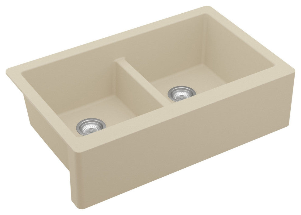 Karran Farmhouse Apron Front Quartz 34" Double Bowl Kitchen Sink, Bisque