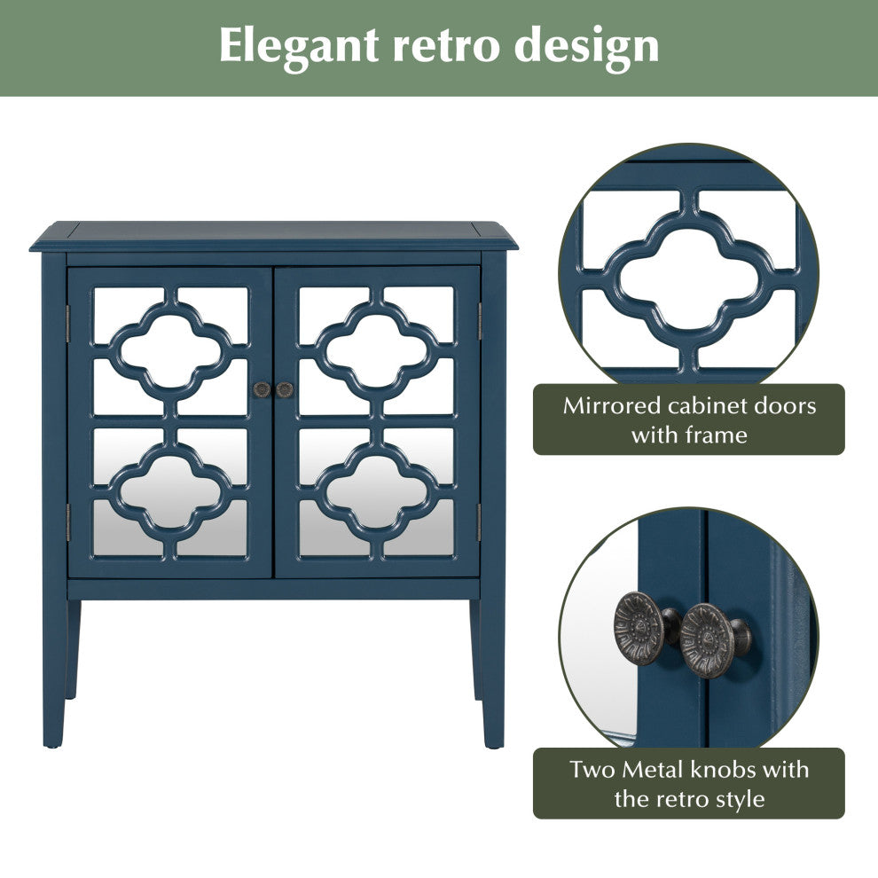 Wood Double Mirrored Door Accent Cabinet with Adjustable Shelf, Blue, 32" X 14"