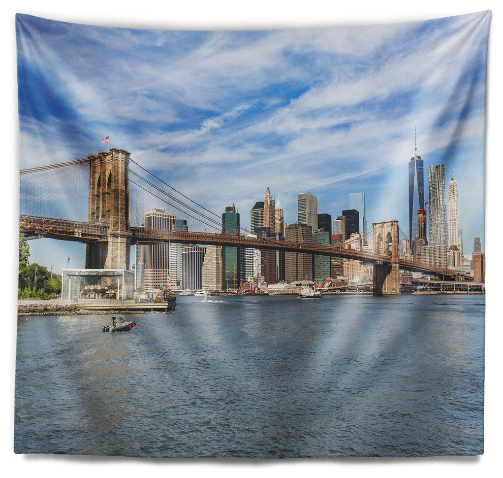 Summer Day Brooklyn Bridge Cityscape Wall Tapestry, 39"x32"