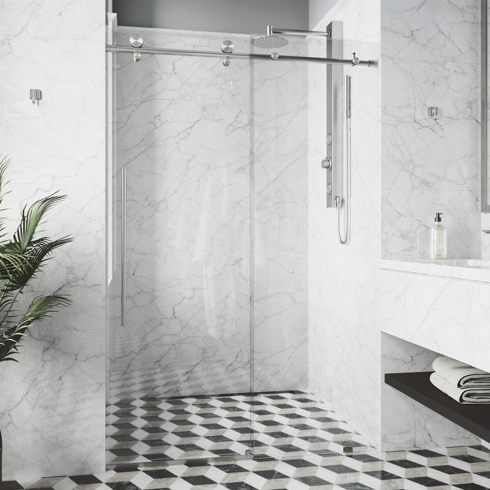 VIGO Elan E-Class 68" to 72" W x 76" H Frameless Sliding Shower Door, Stainless Steel, Clear Glass