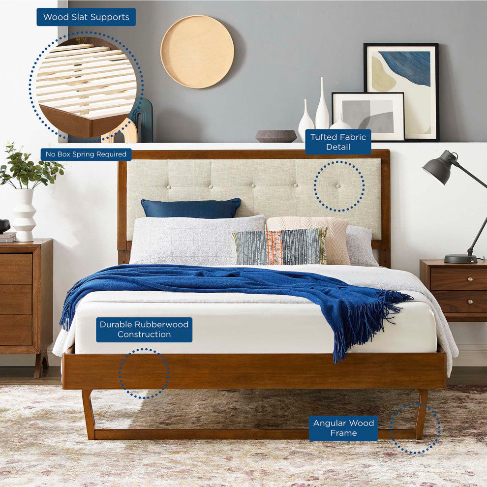 Platform Bed Frame, King Size, Wood, Brown Walnut Beige, Modern Mid-Century