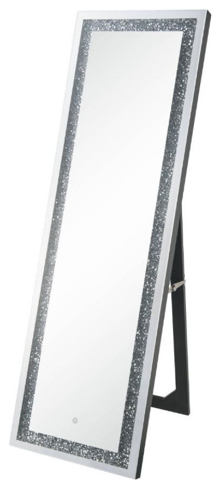 Benzara BM269980 Floor Mirror With LED Light and Faux Diamonds Inlay, Silver