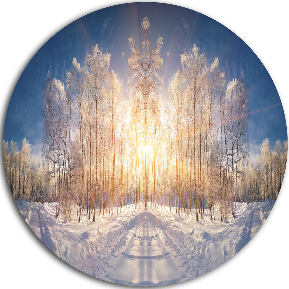 Horizontally Flipped Winter Land, Landscape Disc Metal Artwork, 11"