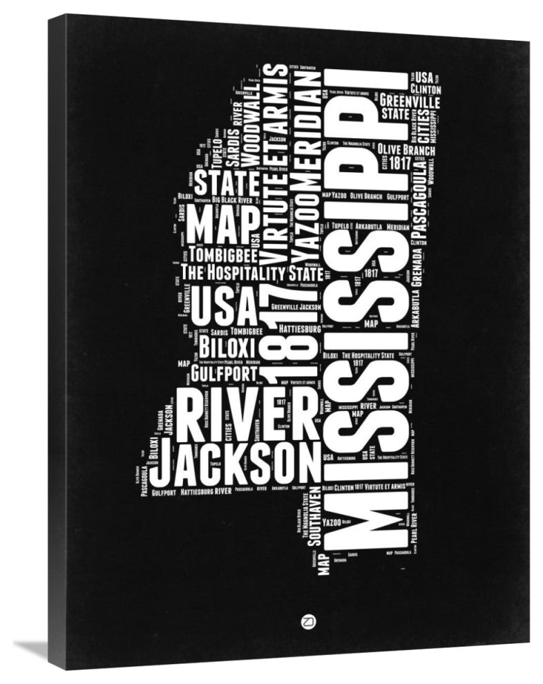 "Mississippi Black and White Map" Fine Art Print