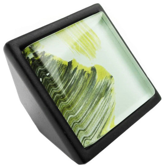 Hand Brushed Abstract Moss Streaks Crystal Glass Black Metal Square Frustum Knob