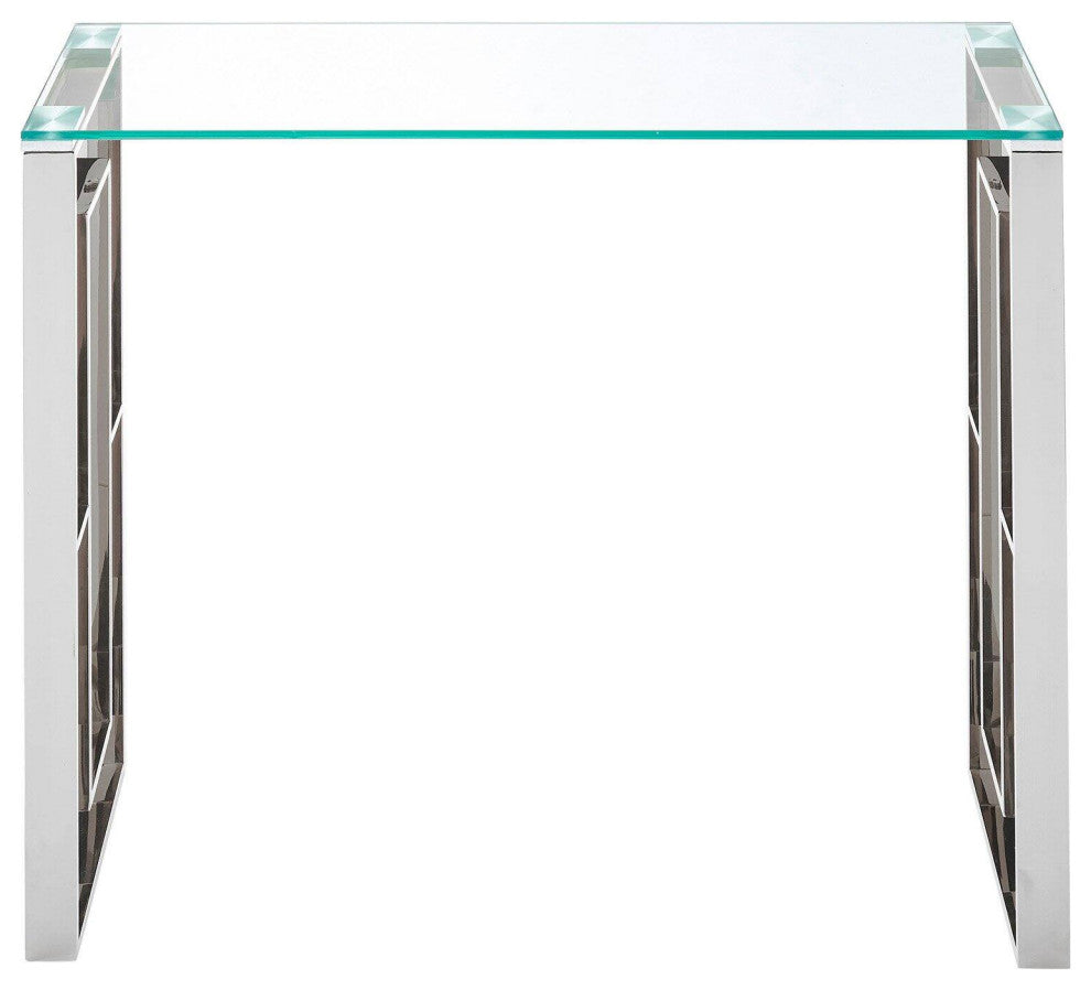 Elegant Console Table, Lattice Accented Stainless Steel Legs & Glass Top, Chrome
