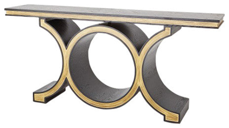 Stunning Midcentury Chain Link Console Table, Black Gold Dark Wood