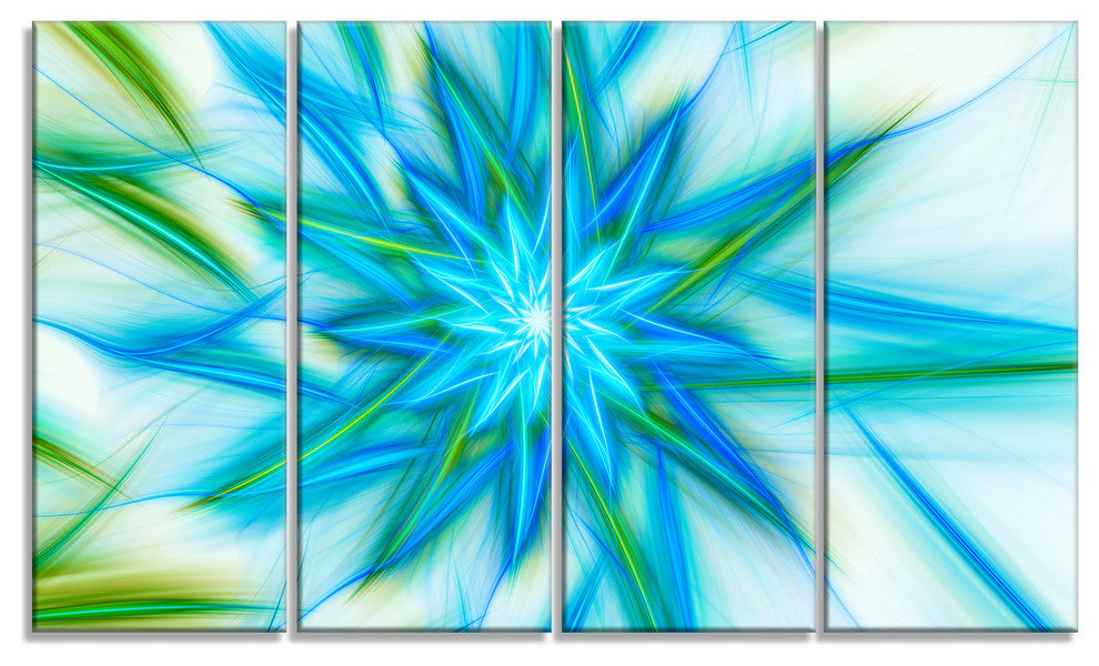 Blue Fractal Shining Bright Star, Abstract Canvas Art Print, 48"x28", 4 Panels