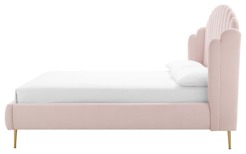 Platform Bed Frame, Queen Size, Velvet, Pink, Modern Contemporary, Bedroom